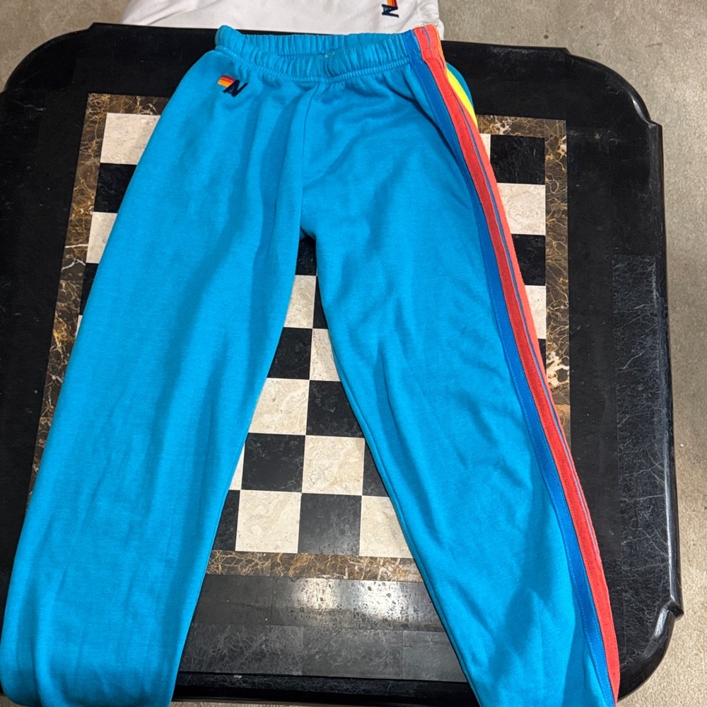 Aviator Nation Kids Blue Joggers with Red and Yellow Stripes